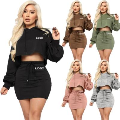 China New Autumn Spring Anti-wrinkle Women Hoodies Drawstring Long Sleeve Casual Hooded Crop Top Skirt Solid 2 Pieces Set Dress for sale