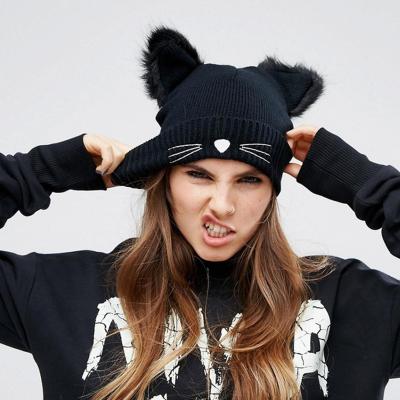 China JOINT Cute Black Knitted Cat Ears Winter Hats Women Knit Beanie With Fluffy Ears for sale