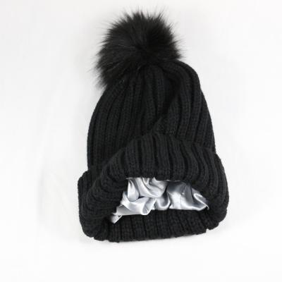 China Wholesale COMMON custom knit striped beanie hat two-layer satin unisex striped knit beanie hat with fur ball for sale