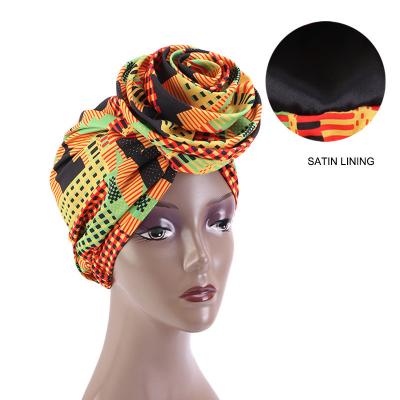 China Dobby Ankara Print Satin Striped Flower Turban Hat Satin Cowl Pre Tied Double Layer Headband For Women Head Wrap for sale