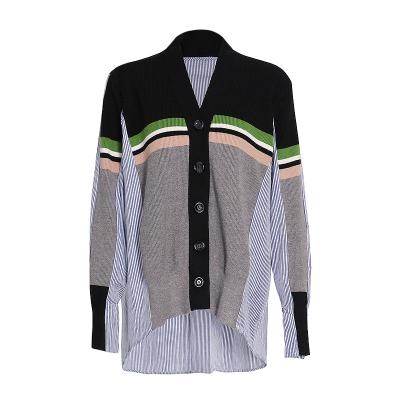 China 2022 new fashion spring design temperament casual straight color contrast color female two-piece shirt stitching anti-wrinkle cardigan for sale