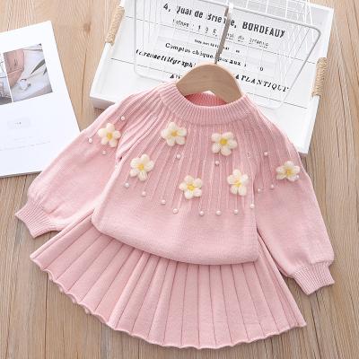 China New Soft Anti-wrinkle Girl 3-8 Years Flower Net Red Sweater Skirt Suit Two-piece Girls Sweater Suit Skirt for sale