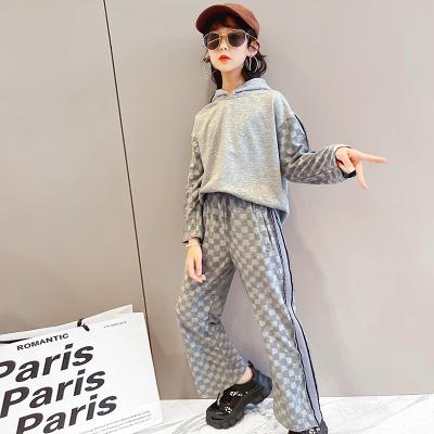 China Autumn Girls Fashion Western Casual Gray Plaid Cotton Wide Leg Pants Sweater Suit for sale