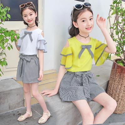 China 2021 New Girls Summer Summer Kids Clothes Lace T-shirt Strapless Plaid Preppy Style Chiffon Shorts Two-Piece Suit for sale