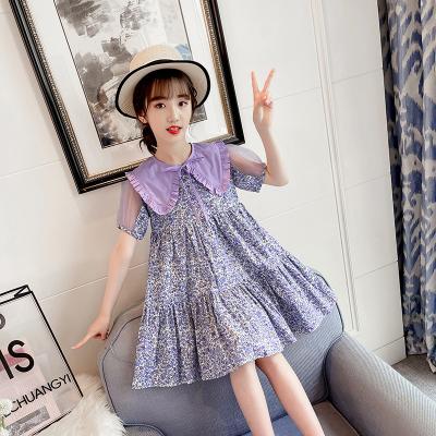 China 2021 New Summer Girls Shawl Collar Doll Collar Princess Dress Summer Beach Soft Girl Breathable Floral Dress Girl for sale