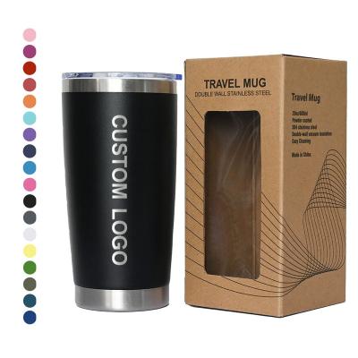 China Viable Custom Logo Printed Powder Coated 20oz Tumbler Bpa Free Wall Vacuum Camping Travel Coffee Mug Double Lid for sale