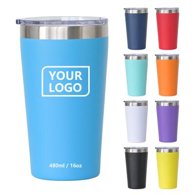 China Sustainable 16oz 16oz Custom Powder Coated Vacuum Tumbler Travel Stainless Steel Double Wall Insulated Coffee Mug With Plastic Lid for sale