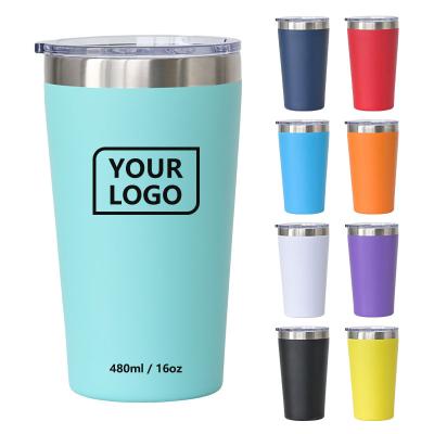 China Custom Durable Powder Coated Stainless Steel 16oz Double Wall Insulated Tumbler Leak Proof OEM Coffee Travel Mug With Lid for sale