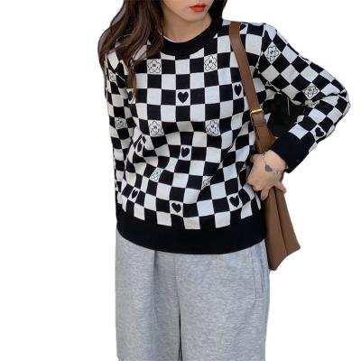 China black and white Anti-wrinkle Amazon chessboard with new early autumn lazy sweater women loose knit long sleeved top for sale