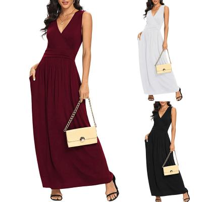 China Amazon Vest Summer Anti-Static Solid Color Women's V-neck Express Women's Fashion Sexy Elegant Dress for sale