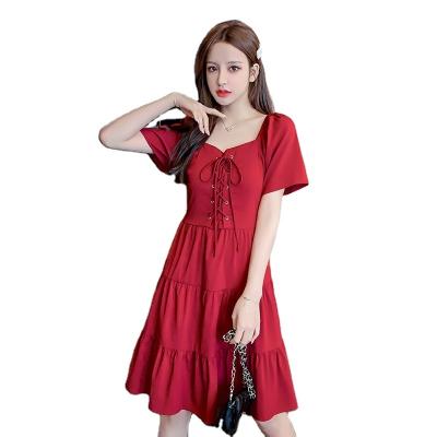 China New Amazon Summer Anti-static Women's Neck Sleeve Temperament Red Mid Waist Square Short Border Length Slim Dress for sale