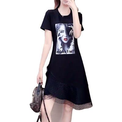 China New Anti-static Women's Summer T-shirt Irregular Short Middle Sleeve Round Neck Length Thin Screen Printing Dress for sale