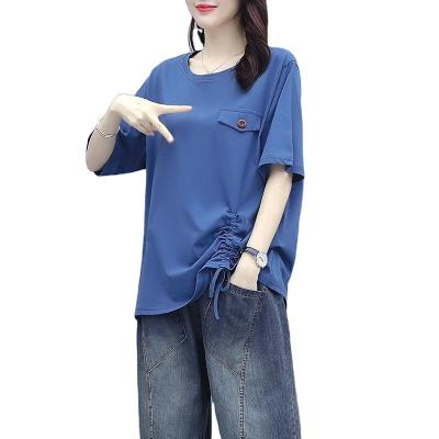 China Plus-size Casual Women's Anti-wrinkle Summer Fashion Round Neck Plain Color Drawstring Loose Short Sleeve T-shirt for sale