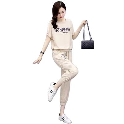 China QUICK DRY Women's Sports Suit Summer Short Sleeve Round Neck Casual Fashion Two Piece Letter Printing Polyester Breathable Suit for sale