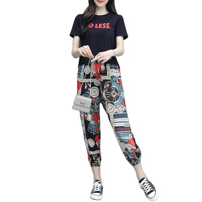 China Women's Summer Fashion Chiffon Pants Sportswear New Letter Printed T-shirt Set QUICK DRY Two-Piece Casual Short Sleeve T-Shirt Set for sale