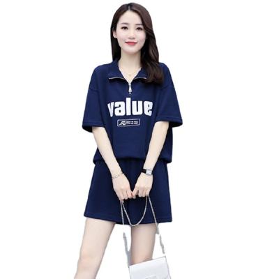 China QUICK DRY Women's Sportswear Set Women's Summer New Short Sleeve Shorts Running Fashion Letter Print Zipper Set Two Piece Set Suit for sale