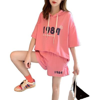 China QUICK DRY Women's Summer Fashion Loose Hooded Short Sleeve Shorts Sportswear Casual Digital Printing Running Suit for sale