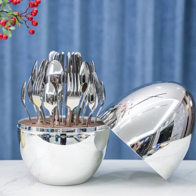 China Round Shape Disposable Holder Egg Ball 24 Pieces Set Stainless Steel Cutlery Spoon Knife Fork Dinnerware Flatware Set for sale