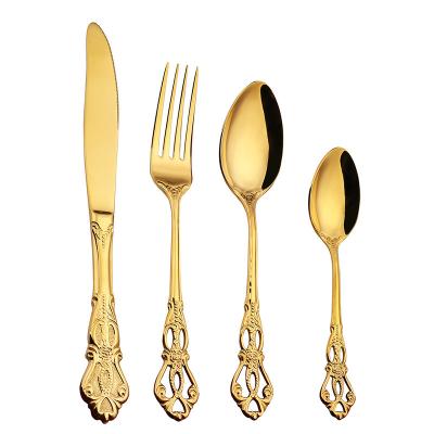 China Disposable Gold Plated Flatware Stainless Steel Dessert Spoon Knife Fork Spoon Knife Cutlery Metal Dinnerware Set for sale