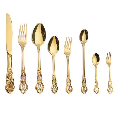 China Disposable Gold Plated Flatware Stainless Steel Dessert Spoon Knife Fork Spoon Knife Cutlery Metal Dinnerware Set for sale