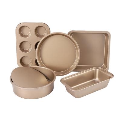 China 5 Viable in 1 Gold and Black Metal Cookie Making Pan Non Stick Coating Baking Bake Tray Pizza Cake Tray for sale