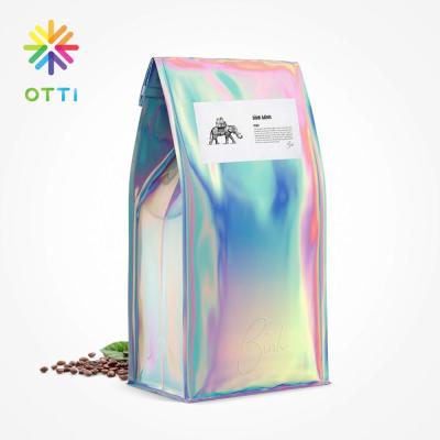 China One Way Valve Canister Tie Moisture Proof Holographic Coffee Bag With Side Gusset Flat Bottom for sale