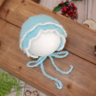 China Soft newborn knit props handmade knitted mohair bonnet baby crochet mohair hood photography newborn props for sale