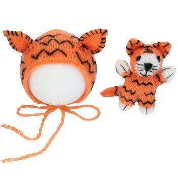 China Newborn Baby Character Crochet Props Tiger Hat Knitted Stuffed Toys Photography Hood Animal Girls or Boys Filling Doll Photo Shoot for sale