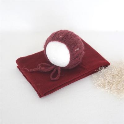 China Picture Burgundy Red Baby Wrap Set Knitted Baby Hood Wrap Photography Props Crochet Baby Hat for sale