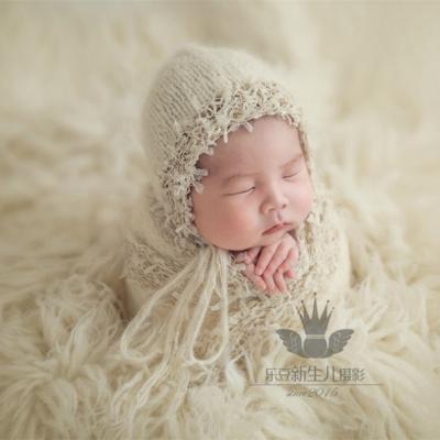 China Baby Knitted Beige Lace Fringe Trim Anti-pilling Hood And Wrap Set Baby Clothes Hat Cap Wrap Photo Prop Covering for sale