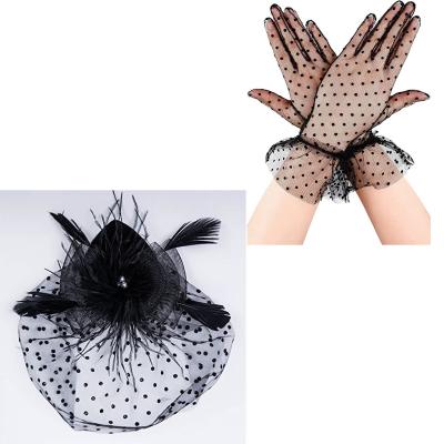 China Hands Warm Head Flower Set Black Mesh Feather Headgear 2-Piece Mitt Set Popular In Europe And America for sale