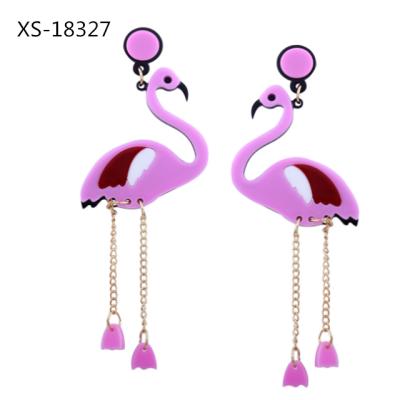 China Acrylic Pink Flamingo Design Long Plastic Chain Earrings With Jewelry Pouch for sale