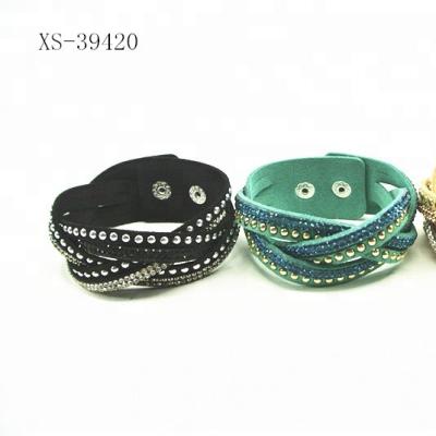 China Hot New Trendy Women Wrap Multilayer Rhinestones Genuine Leather Hot Fix Bracelet for sale