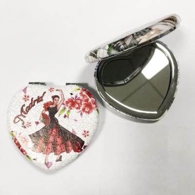 China Small Pocket PU Leather Mirror Heart Shape Cute Magnifying Bread Makeup Mirror for sale