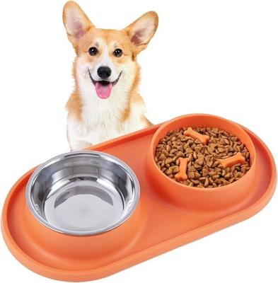 China Non-Spill Silicone Pads Double Bowl for Dogs and Cats Stainless Steel Slow Feeder for sale