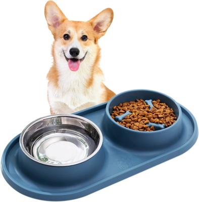 China Blue Dog Bowls Slow Feeder Pet Bowl with Silicone Mat No Chocking Healthy Design Bowl for sale