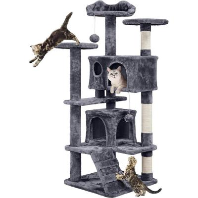 China OEM/ODM Custom Luxury Dark Grey Plush Wood Multi-Storey Cat Villa with Climbing Tree for sale