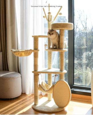 China Advantageous Wood Modern Cat Sisal Scratcher Multi Level Cat Climbing Frame and Hammock for sale