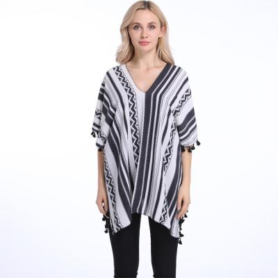 China New Design Stripe Pattern Chiffon Poncho Shawl Big Size Summer Poncho Poncho With Tassels for sale