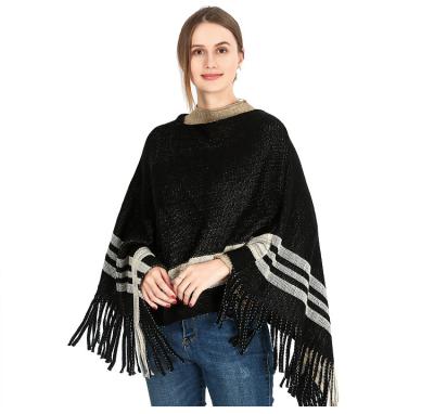 China Cheap Wholesale Price Acrylic Plus Size Women Poncho Ladies Autumn Warm Knitted Striped Pattern Poncho for sale