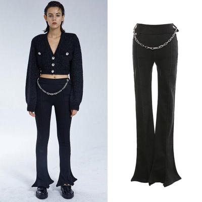 China Wholesale Anti-wrinkle A4614 Black Chain Decoration Women Flare Pants Bell Bottom Pants for sale