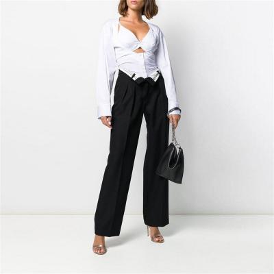 China Factory A5176 Supplier Factory A5176 Loose White Pockets Windproof Black Casual Cuff Straight Leg Pants Rompers For Women for sale