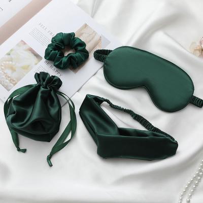 China Luxury 3 Piece Travel Satin Silk Sleep Eye Mask Set With Key Band And Gift Bag for sale