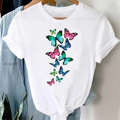 China The other 2022 summer new wholesale irregular T-shirt colorful butterfly print around the neck women's T-shirt for sale