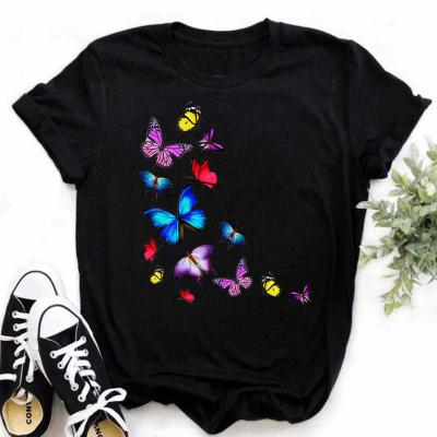 China Other Colorful 100% Cotton Butterfly Print 2022 New Summer Wholesale Irregular T-shirt Round Neck Women's T-shirt for sale