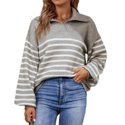 China Custom Multicolor Stripe Breathable Polo Collar Knit Sweater Custom Logo Winter High Quality Womens Long Sleeve Sweater for sale