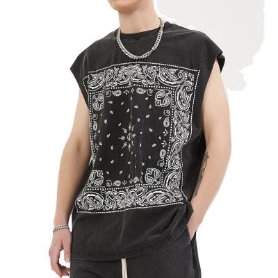 China New High Quality Anti-Wrinkle Stock Men's Tee 2021 Summer 100% Cotton Paisley Print Sleeveless Men's Tee for sale