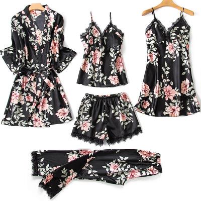 China Low MOQ 2021 Summer New Collection Sexy 5pcs Sleep Wear Set Breathable Printed Floral Night Sleep Wear For Women for sale