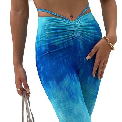 China Anti-Wrinkle Ready To Ship Women Fashion Tie Dye Print Flare Pants High Quality New Look Mesh Flare Print Panties For Women for sale