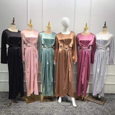 China New Slim Fit Anti-Wrinkle Wrap Belt Muslim Women Dress Satin Elegant Dress Women Good Quality for sale